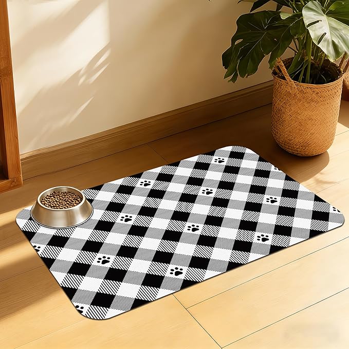Cat Checked Plaid Dog Cat Food Mat, Absorbent Feeding Mat by QSOQSO