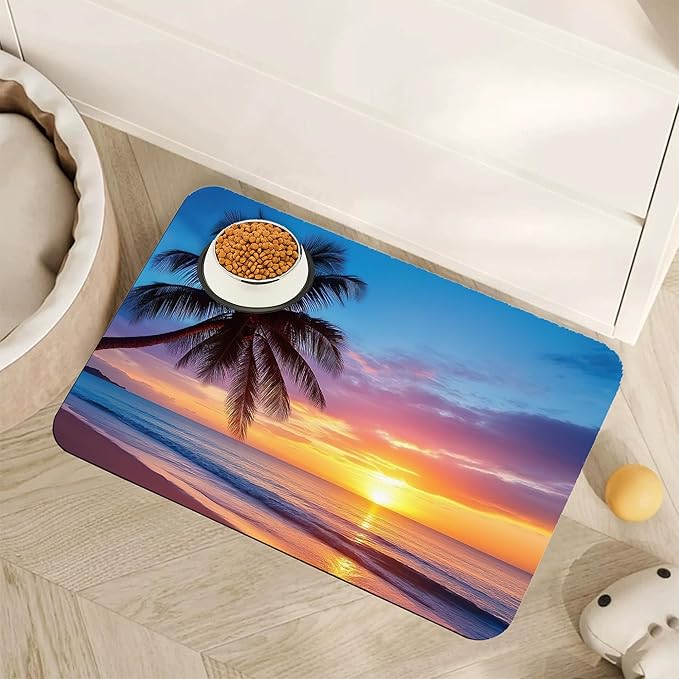 Tropical Palm Pet Feeding Mat, Sunset Trees Sea Beach Absorbent Quick-Dry Cat by Unknown