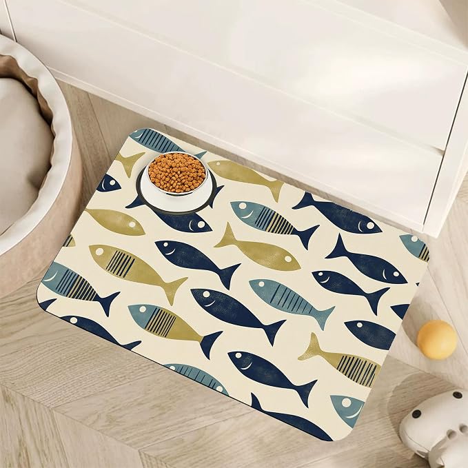 Fish Boho Dog Food Mat for Floors, Ocean Absorbent Quick-Dry Pet Feeding Mat by Unknown