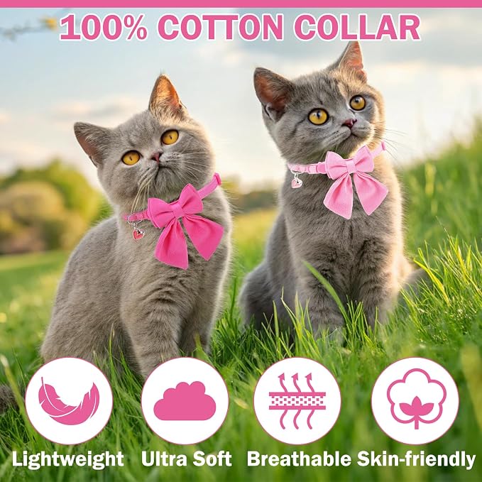 Cat Collar Breakaway with Bells, Soft Pure Cotton Pink Cat Bowtie Collar - Image 4