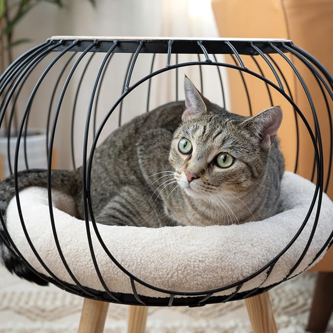 Kitty City Modern Cat Bed with Wooden Side Table, Elevated Indoor Cat Lounge - Image 5