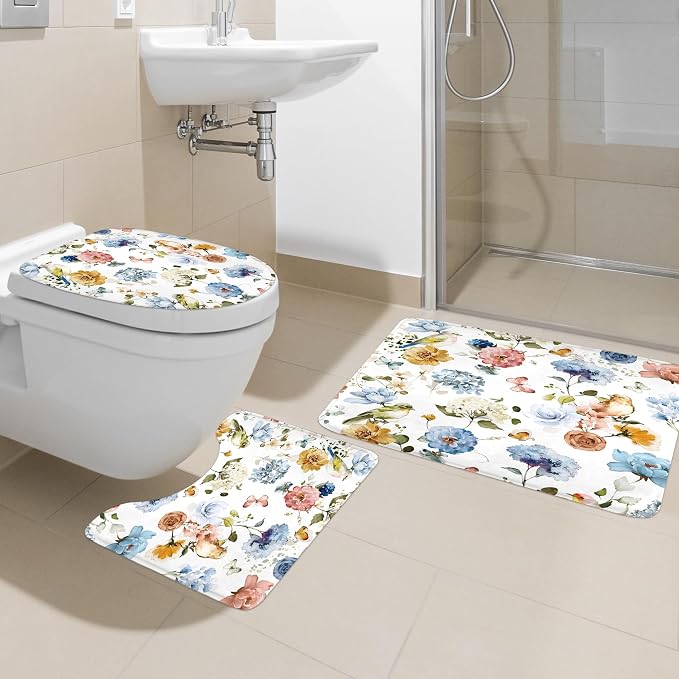 4 PCS Blue Floral Birds Bathroom Set - Image 2