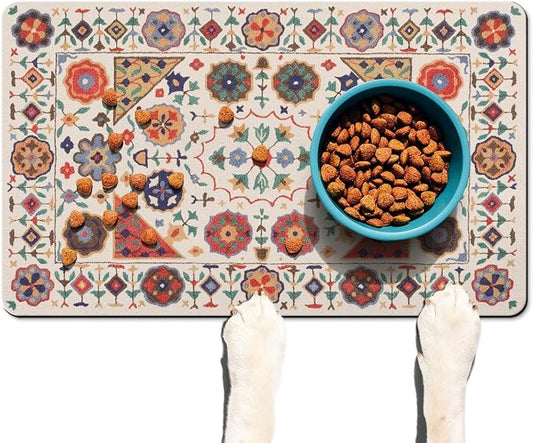 Moroccan Trellis Dog Food & Water Mat, Boho Colorful Vintage Pet Feeding Mat - Image 2