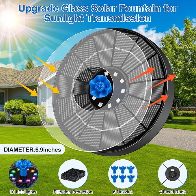 Solar Fountain Pump with 3 Spray Height Adjustments, Upgraded Glass Solar Bird - Image 5
