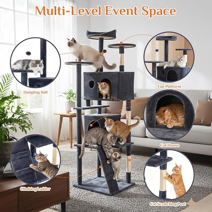 Large Cat Tree 70 Inch, Sisal Scratching Posts and Climbing Ladder, Pet Play - Image 4
