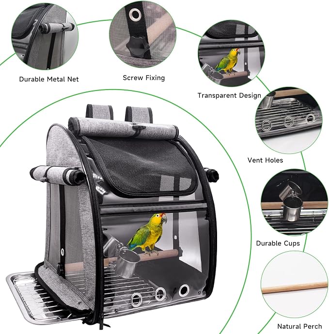 Bird Carrier Bag with Perch, Bird Travel Carrier Backpack with Stainless Steel - Image 2