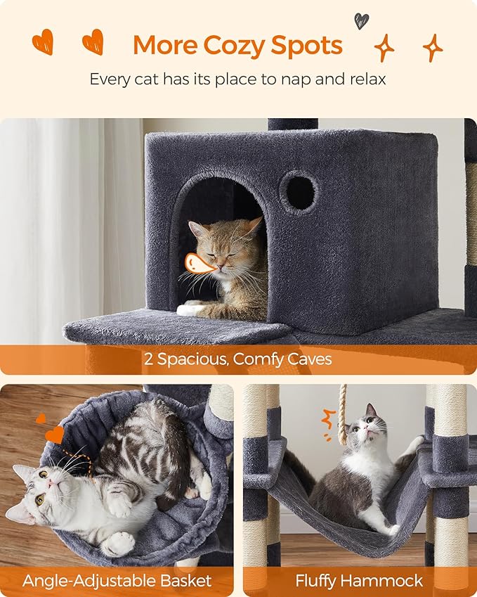 Feandrea Cat Tree, 81.1-Inch Large Cat Tower, 2 Perches, 2 Caves, Smoky Gray - Image 4