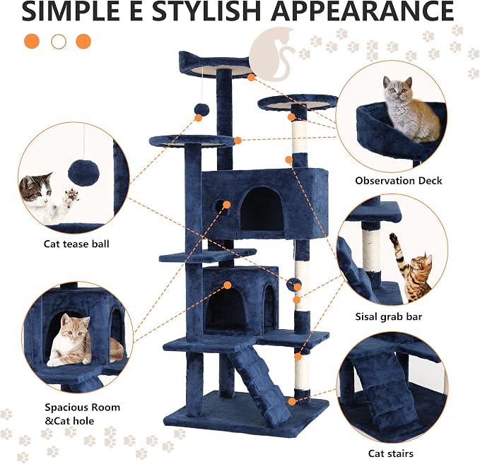 BestPet | 54" Cat Tree Tower | Navy Blue | Sturdy, Hanging Cat Toys, - Image 6