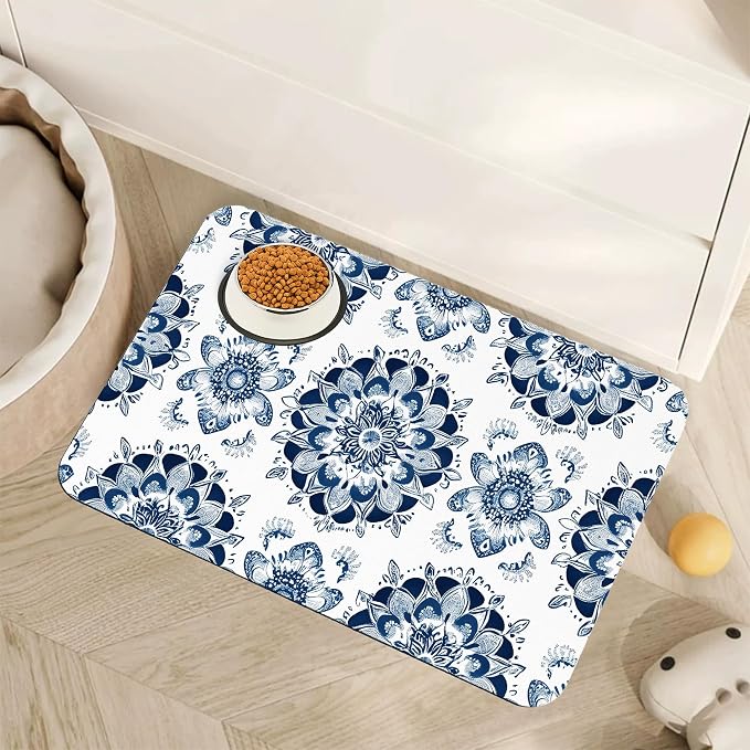Mandala Flower Dog Food Mat for Floors, Cat Dog Bowl Mats for Food and Water by Unknown