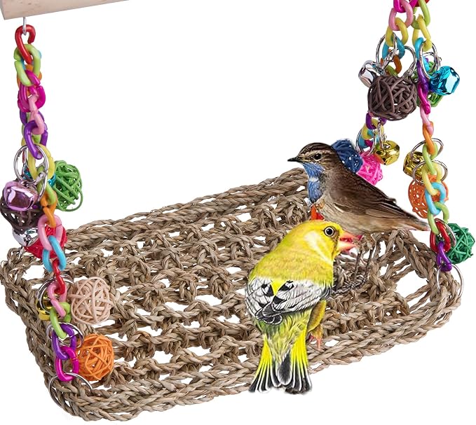 Bird Swing Toys with Wood Perch, Seagrass Woven Parrot Platform Bird Climbing - Image 7