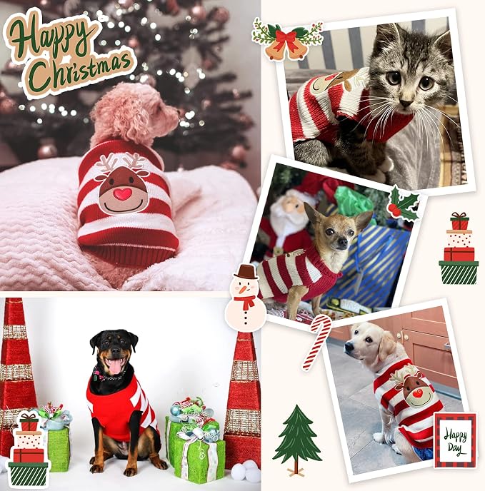 Dog Christmas Sweater Cute Striped Reindeer Xmas Pet Clothes Holiday Puppy Cat - Image 3