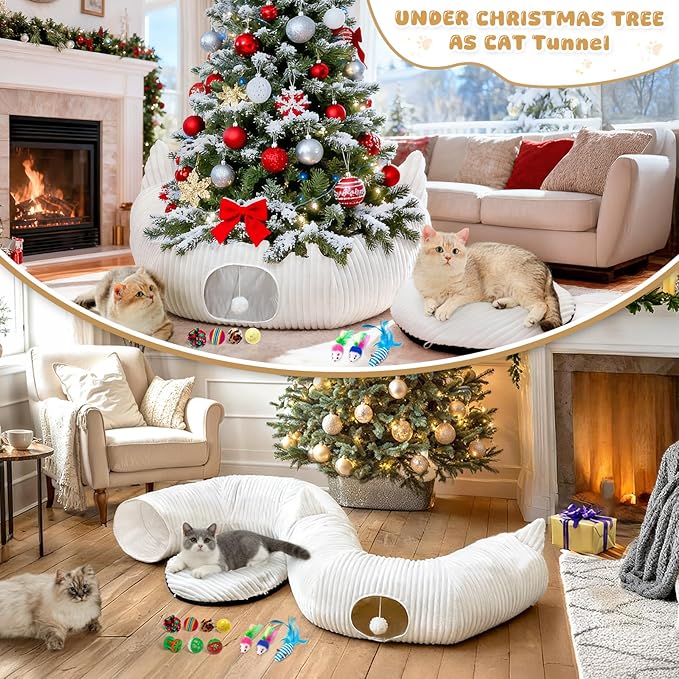 OurWarm White Plush Cat Tunnel Bed Under Christmas Tree, 95cm Large Cat Tunnel - Image 4
