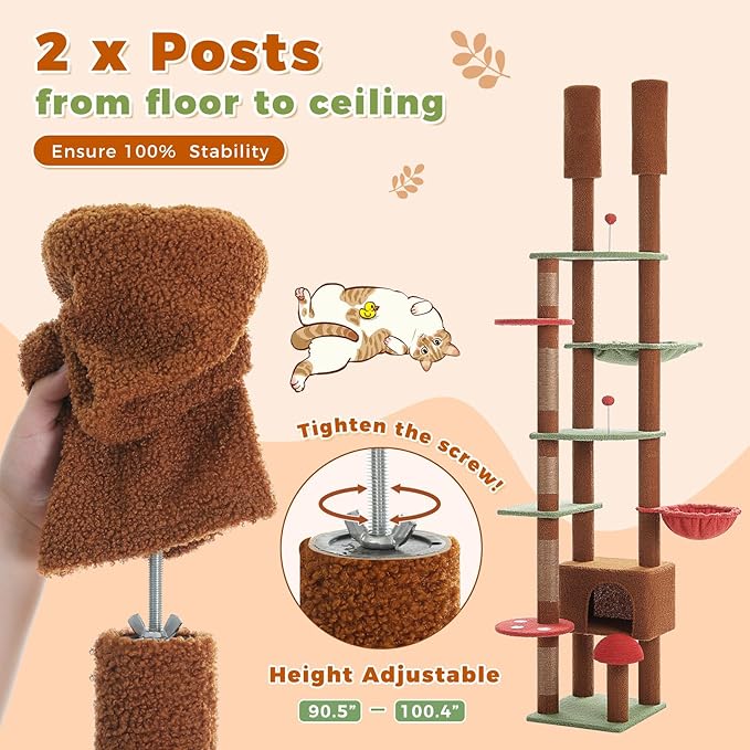 PETEPELA Floor to Ceiling Cat Tree, Adjustable 90.5''-100.4'' Cat Tower - Image 4