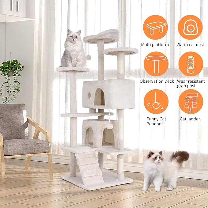 BestPet | 54" Cat Tree Tower | Beige | Sturdy, Hanging Cat Toys, Observation - Image 5