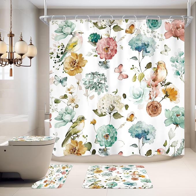 4 PCS Green Floral Birds Bathroom Set by Ufeela