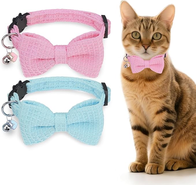 Cat Collar Breakaway with Bells, Soft Cotton Pink Cat Bowtie Collar by DILLYBUD
