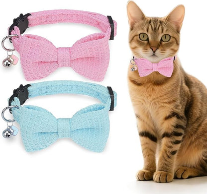 Cat Collar Breakaway with Bells, Soft Cotton Pink Cat Bowtie Collar by DILLYBUD