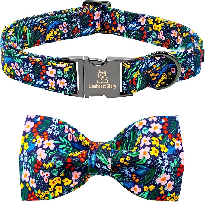 Lionheart glory Dog Collar Darkblue Flower Dog Bow Collars Floral Dog Collar by LionheartGlory