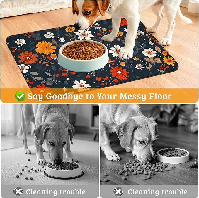 Floral Black Feeding Mat, Absorbent Quick-Dry Cat Dog Food and Water Bowl Mats - Image 4