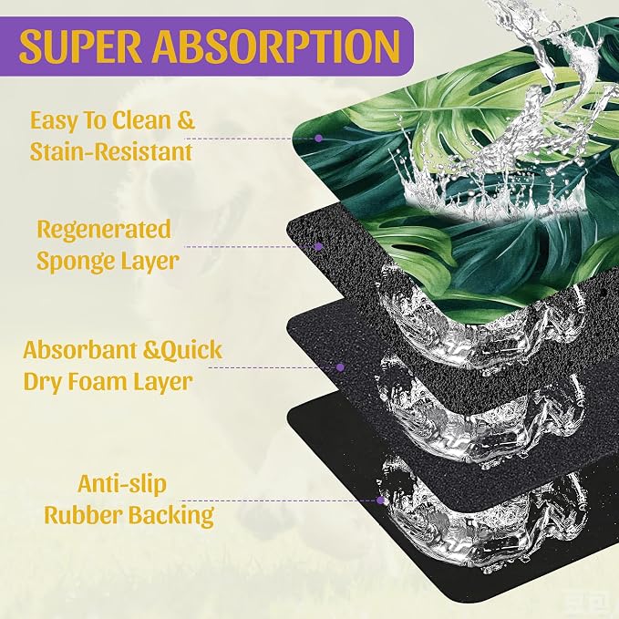 Tropical Palm Leaves Pet Feeding Mat, Absorbent Quick-Dry Dog Cat Bowl Mat - Image 3