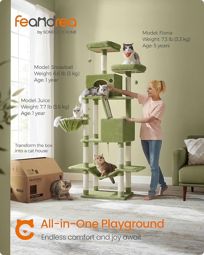 Feandrea Cat Tree, 81.1-Inch Large Cat Tower, 2 Perches, 2 Caves - Image 2