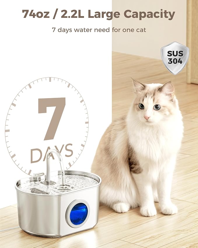 Cat Water Fountain Stainless Steel: 74oz/2.2L Cat Fountain - Image 2