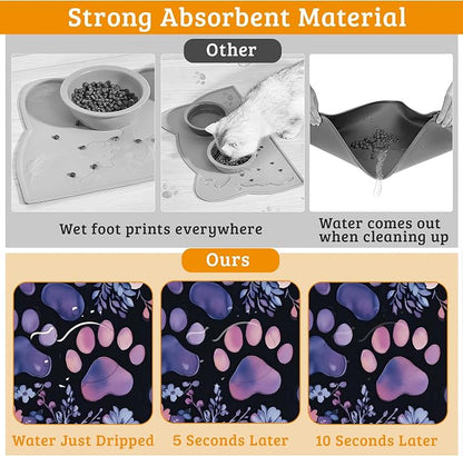 Paw Print Dog Food Mat, Watercolor Flower Absorbent Pet Feeding Mat - Image 3