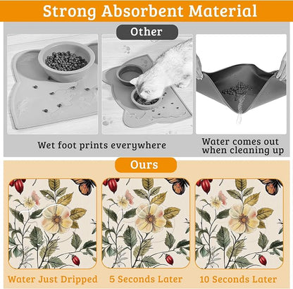 Butterfly Flower Dog Food Mat, Vintage Berry Absorbent Pet Feeding Mat - Image 3