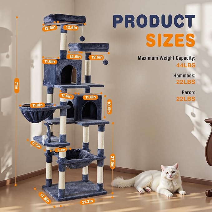 Large Cat Tree 71 Inch, Sisal Scratching Posts and Hammock, Pet Play House - Image 2