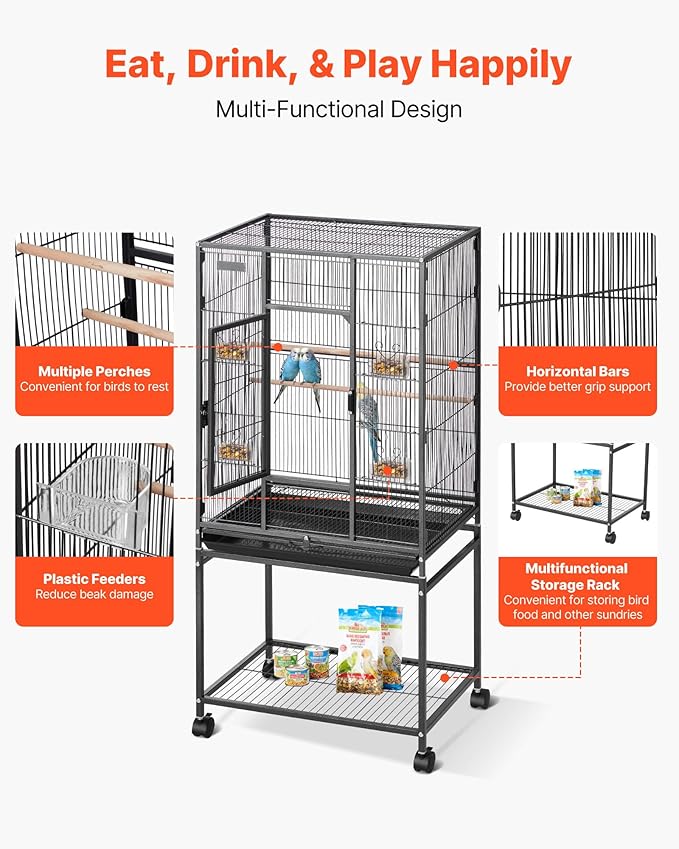 VEVOR Bird Cage, 24.6 x 16.7 x 53.9 inch, Flat Top, Wrought Iron Bird Flight - Image 4