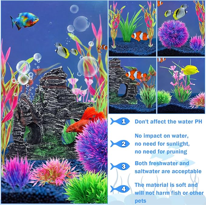 10pcs Aquarium Artificial Plastic Plants Decorations and Rock Cave Decor Set - Image 6