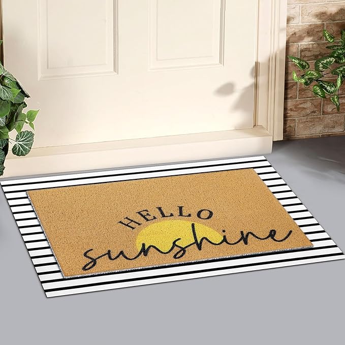 Tinideya 2 Pcs Summer Sunshine Door Mat Yellow Welcome Non Slip Coir Mats - Image 3