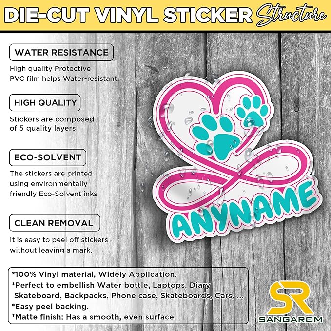 Custom Pet Name Sticker Personalized Text Infinity Heart Pawprint Animal Lovers - Image 4
