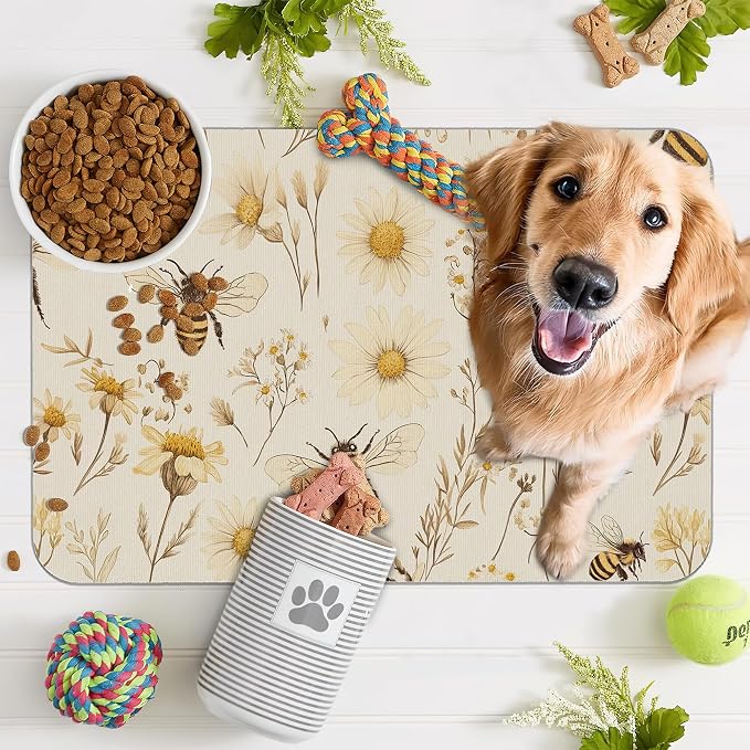 Bees Boho Daisy Floral Dog Food Mat - Image 7