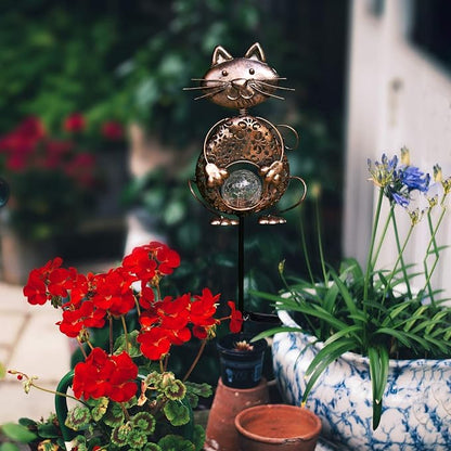 KAIXOXIN Garden Solar Lights Metal Cat Crackle Glass Globe Stake Light - Image 4