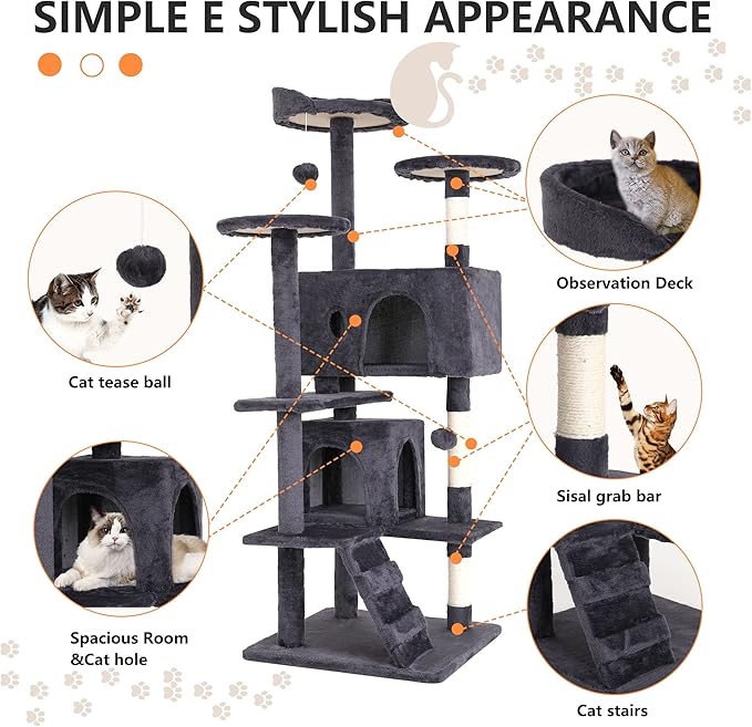 BestPet | 54" Cat Tree Tower | Ashy | Sturdy, Hanging Cat Toys, Observation - Image 6