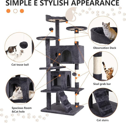 BestPet | 54" Cat Tree Tower | Ashy | Sturdy, Hanging Cat Toys, Observation - Image 6