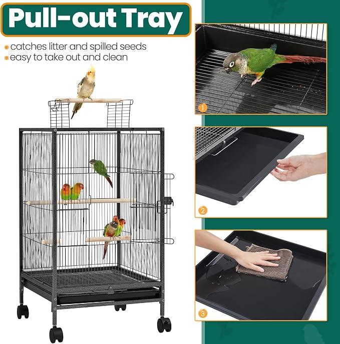Yaheetech 35 inch Wrought Iron Bird Cage w/Play Open Top and Rolling Stand - Image 7