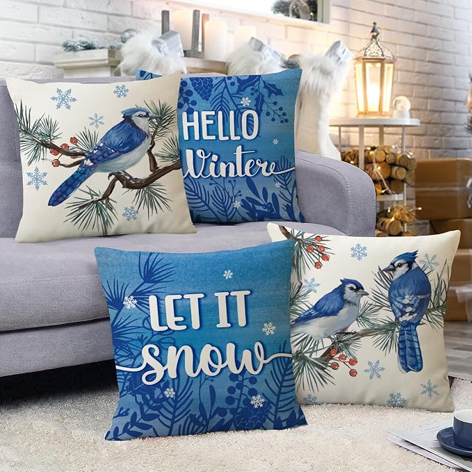 Fahrendom Hello Winter Bluebird Decorative Throw Pillow Covers 18x18 Set of 4 - Image 6
