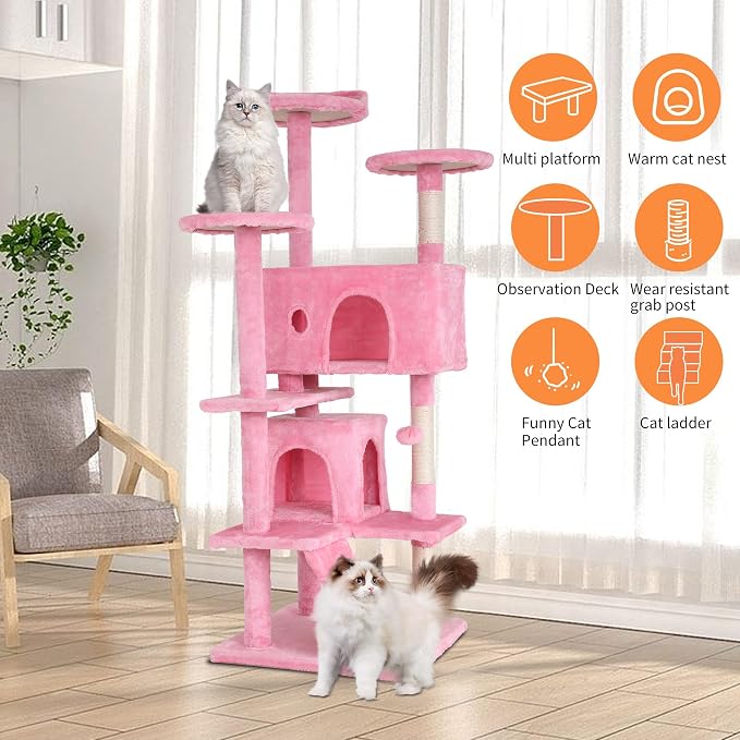 BestPet | 54" Cat Tree Tower | Pink | Sturdy, Hanging Cat Toys, Observation - Image 5