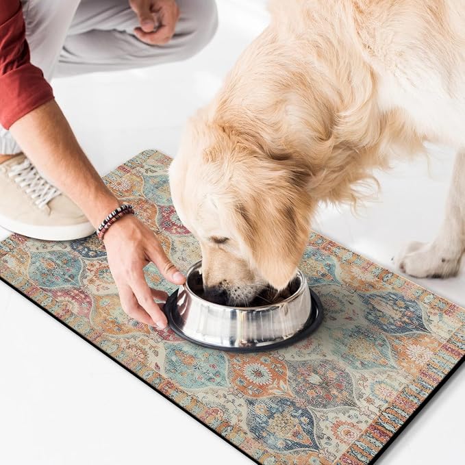 Moroccan Trellis Dog Food & Water Mat, Mexican Talavera Boho Colorful Pet - Image 3