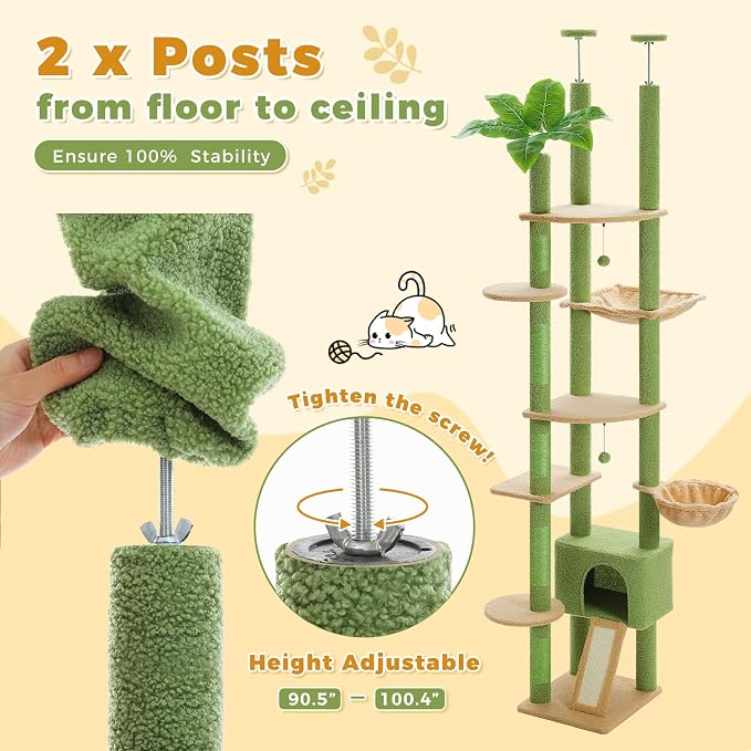 PETEPELA Floor to Ceiling Cat Tree, Adjustable 90.5''-100.4'' Cat Tower Cactus - Image 4