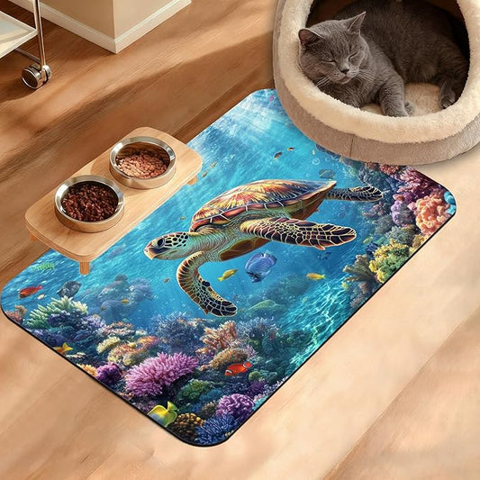 Sea Turtle Dog Cat Food Mat, Colorful Coral Absorbent Waterproof Placemat by Unknown