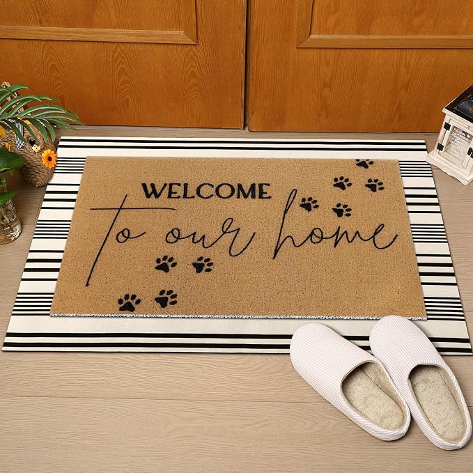Tinideya 2 Pcs Pet Theme Door Mat Paw Welcome Non Slip Coir Mats Dog Cat Floor - Image 3