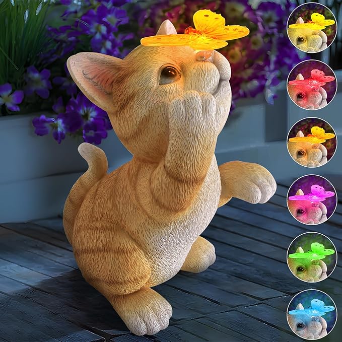 Solar Garden Statue Cat Figurine, Resin Cat Statue Playing Butterfly, Outdoor by PaLuQiYa