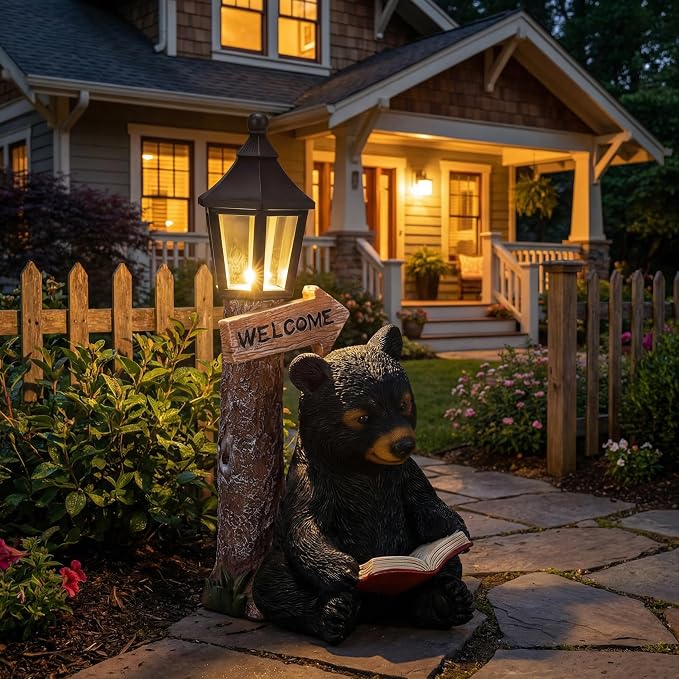 Lyeasw Garden Statues Bears, Solar Reading Bear Statue - Image 2