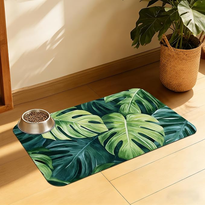 Tropical Palm Leaves Pet Feeding Mat, Absorbent Quick-Dry Dog Cat Bowl Mat by QSOQSO