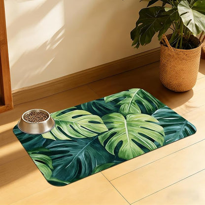 Tropical Palm Leaves Pet Feeding Mat, Absorbent Quick-Dry Dog Cat Bowl Mat by QSOQSO