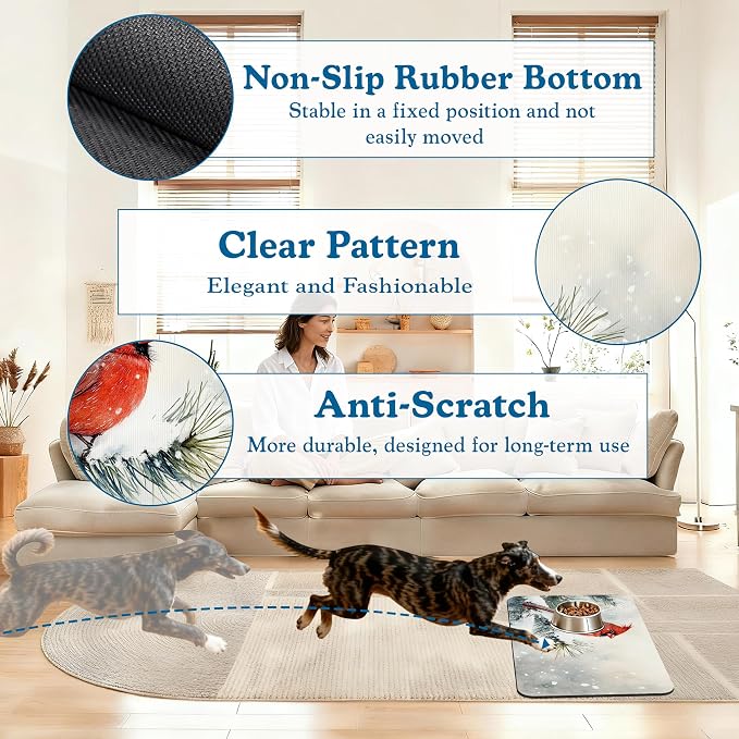 Cardinal Bird Dog Food Mat–Chirstmas Snow Absorbent Quick Dry Feeding Placemat - Image 4
