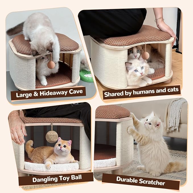 Solid Wood Cats House Stool, 300-lb Capacity. Large Cat Bed Cave - Image 4